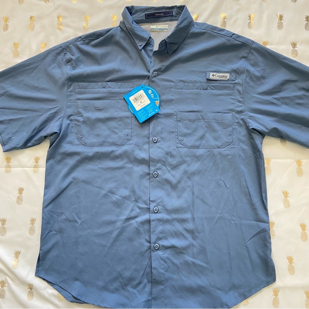 NWT Men’s Columbia PFG Tamiami Blue Button Up Short Sleeve Fishing Shirt